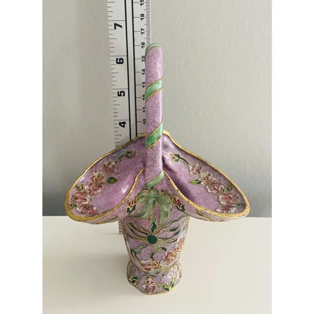 Vintage Chinese Cloisonne Lavender Purple Basket Vase Brass Floral Enamel, 6.25